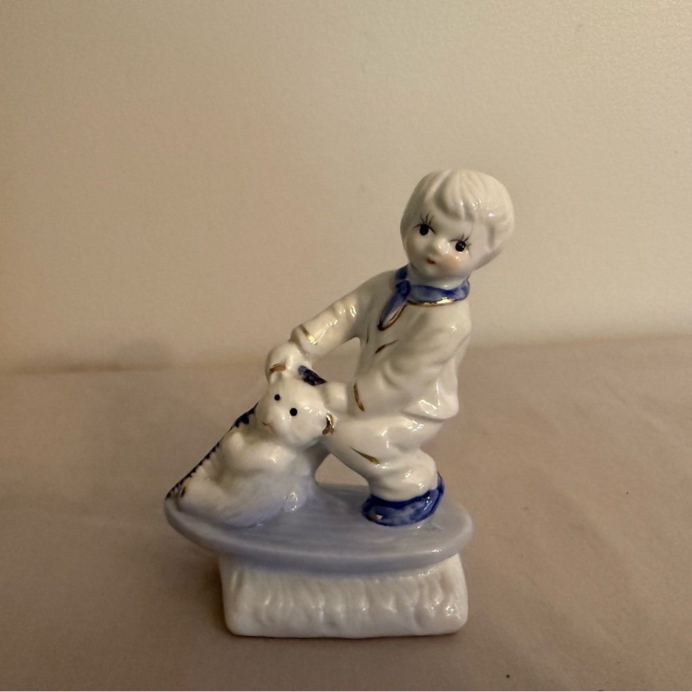 Vintage, Blue Boy w/ Teddy Bear figurine.  Ceramic, Blue & White, Gold trim. 5”
